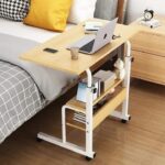.Double Layer Adjustable Laptop Desk With Wheels (Wood Color)